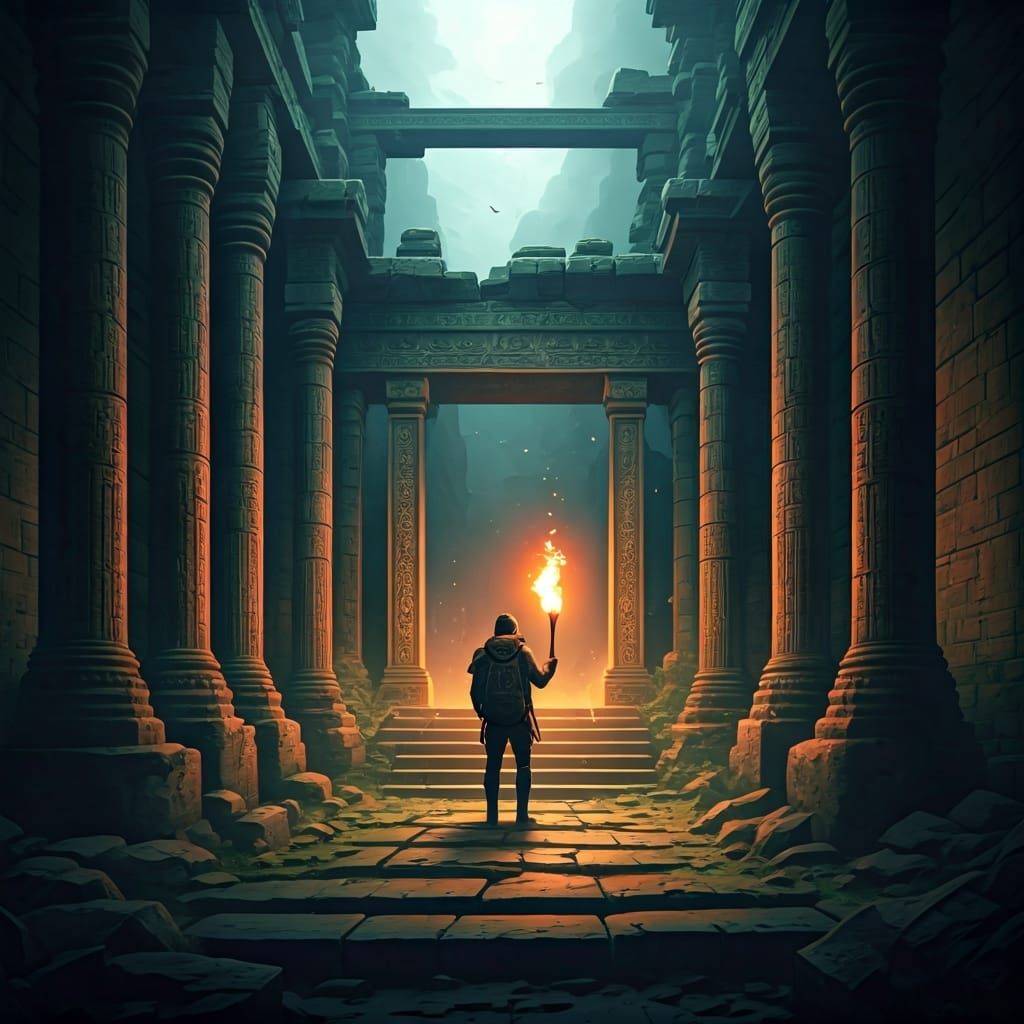 Traveler at Forgotten Temple Entrance with Torch