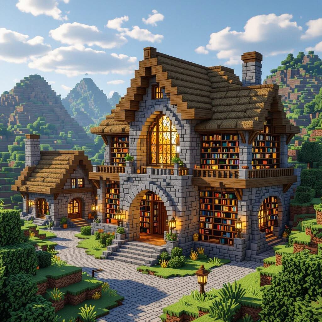 Minecraft Village Library on Rolling Hills