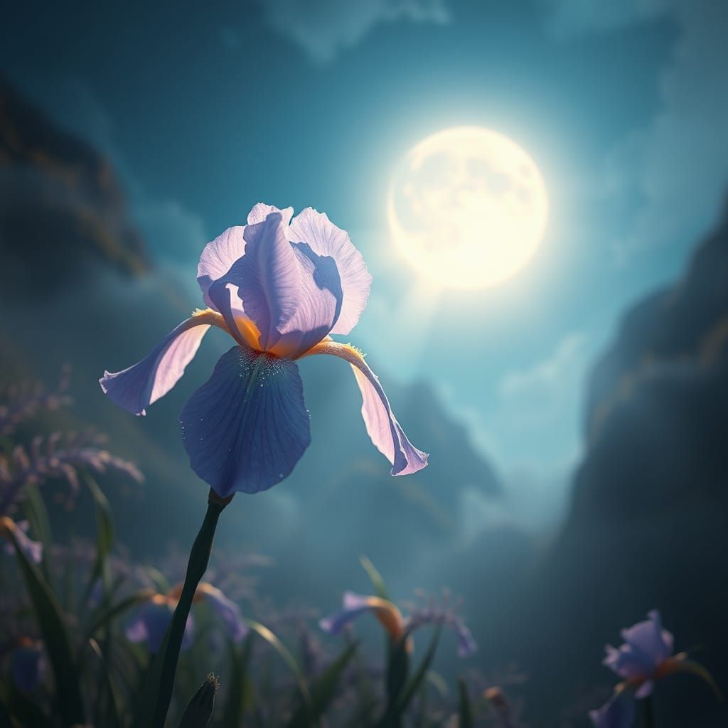 Enchanted Valley with Pale Purple Iris and Full Moon