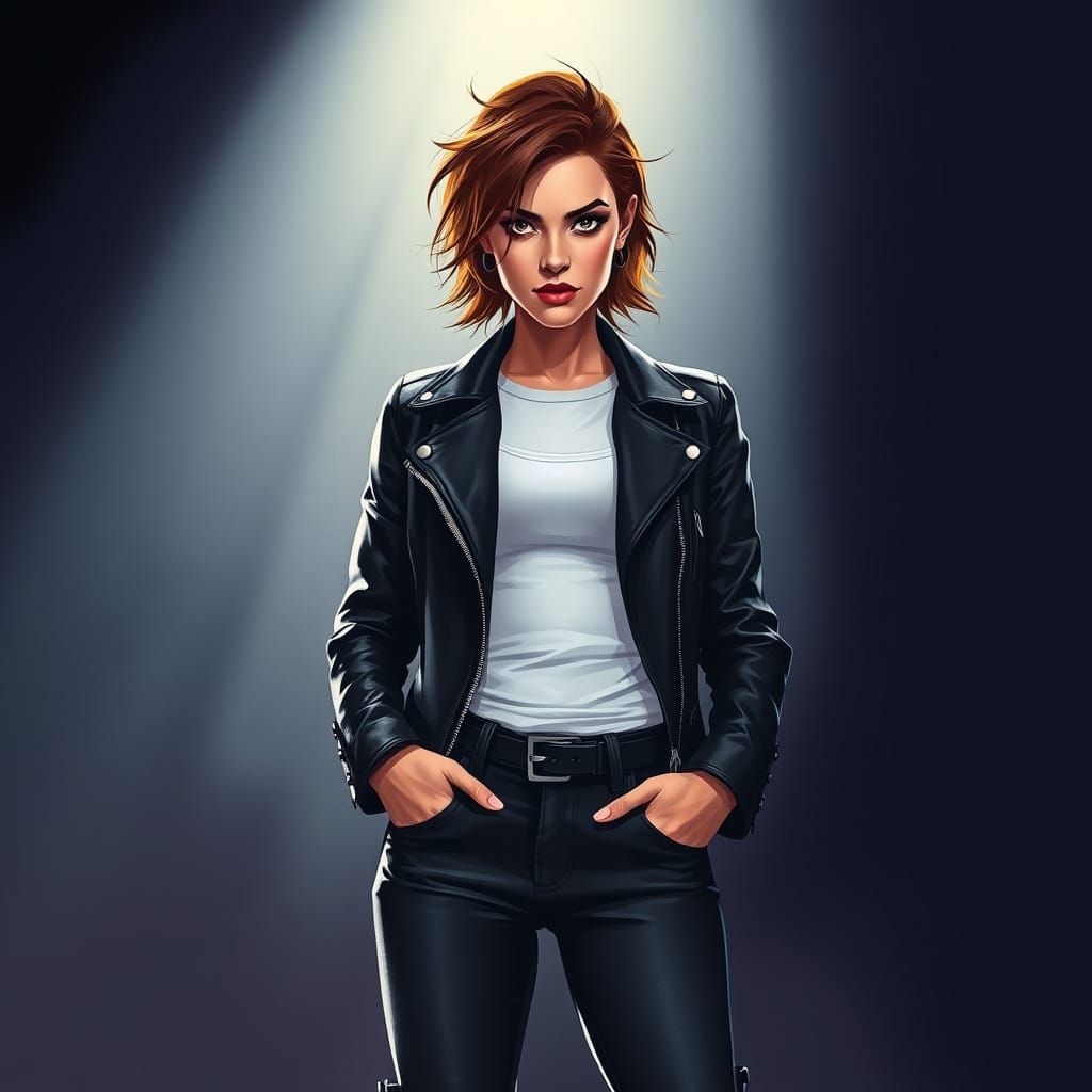 Confident Woman in Edgy Attire, Gazing Directly at the Viewe...