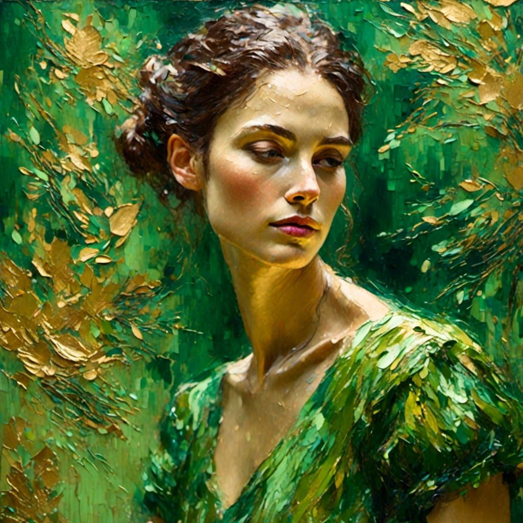 Impressionist Woman in a Vibrant Green Dress