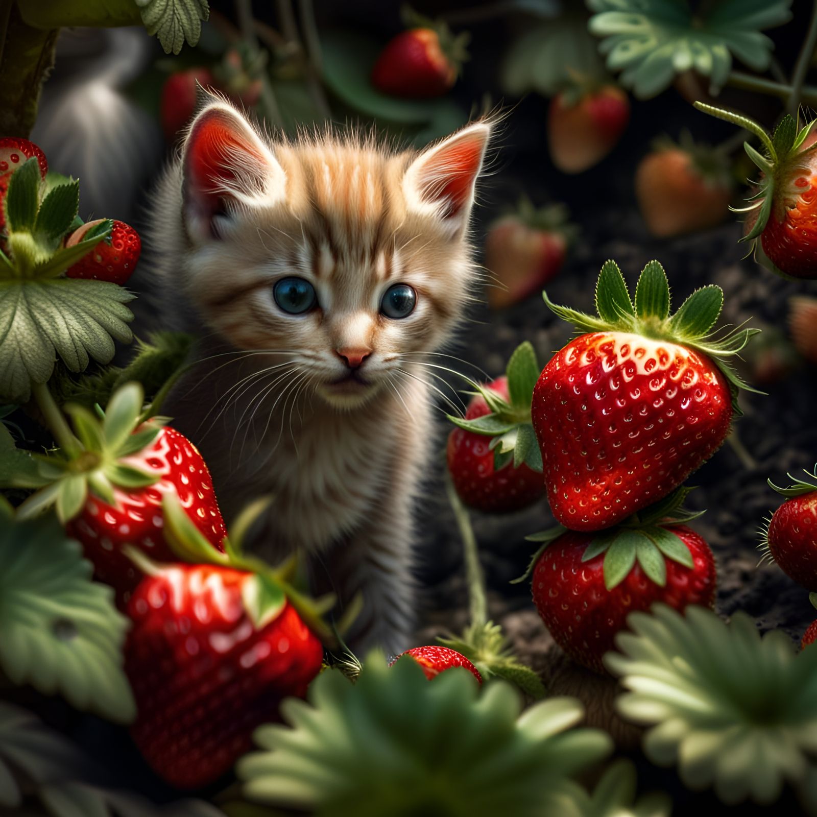 Feline Friends Amidst Vibrant Strawberries