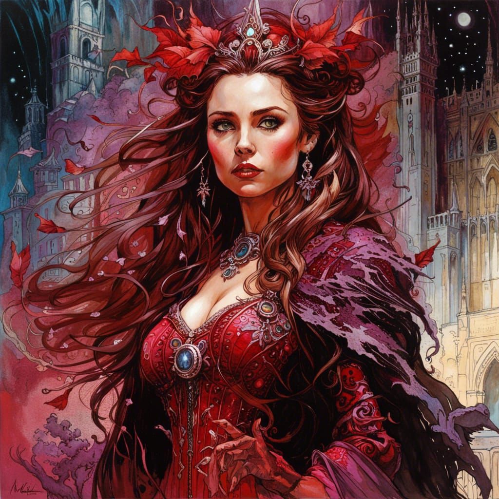 Mysterious Dark Fantasy Queen in a Medieval Palace Amongst C...