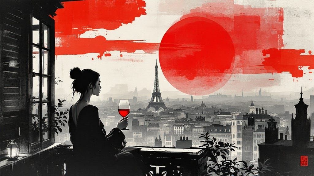 Ethereal Parisian Evening in Vibrant Red and Black Ink