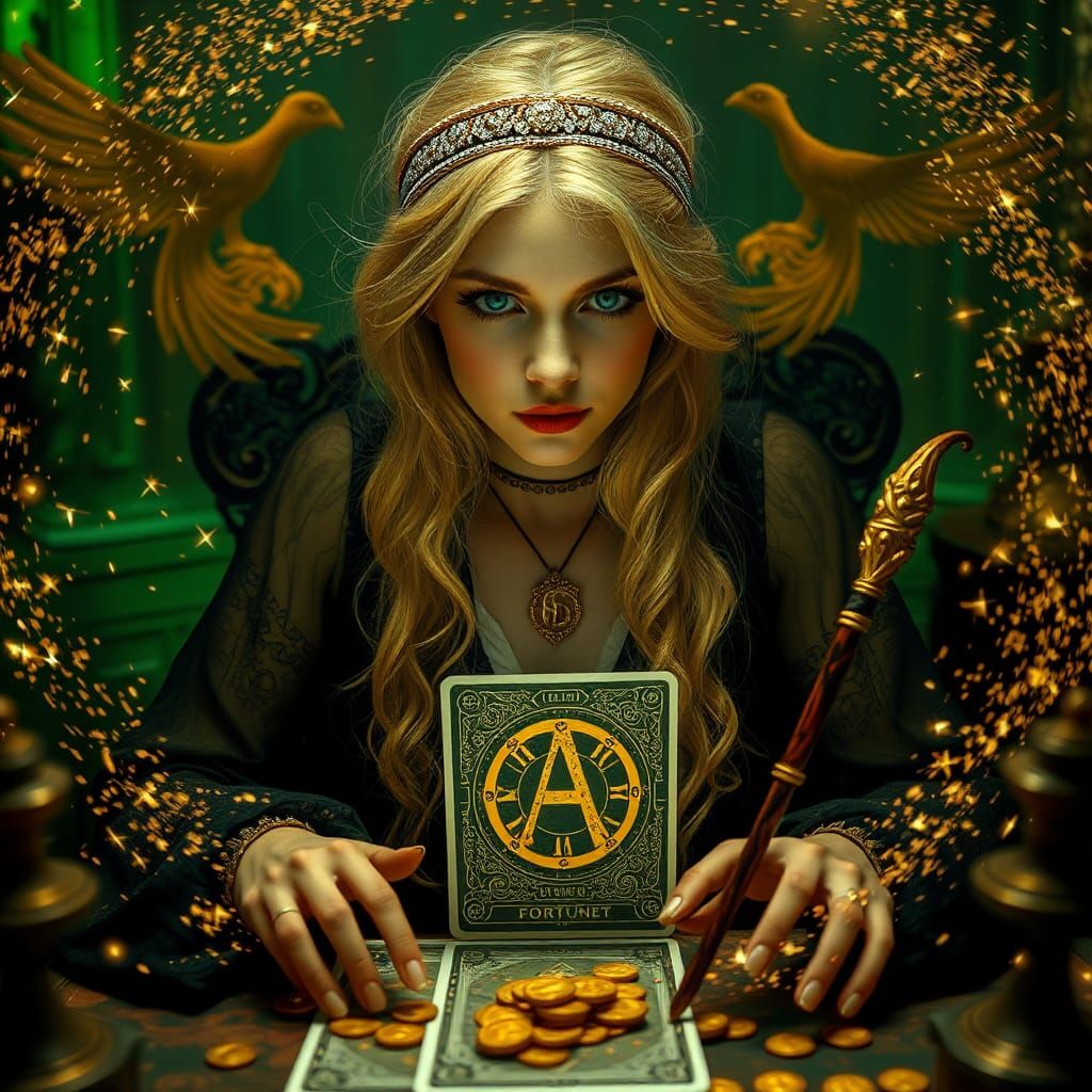 Ethereal Tarot Reader with Phoenix Sparks and Golden Accents