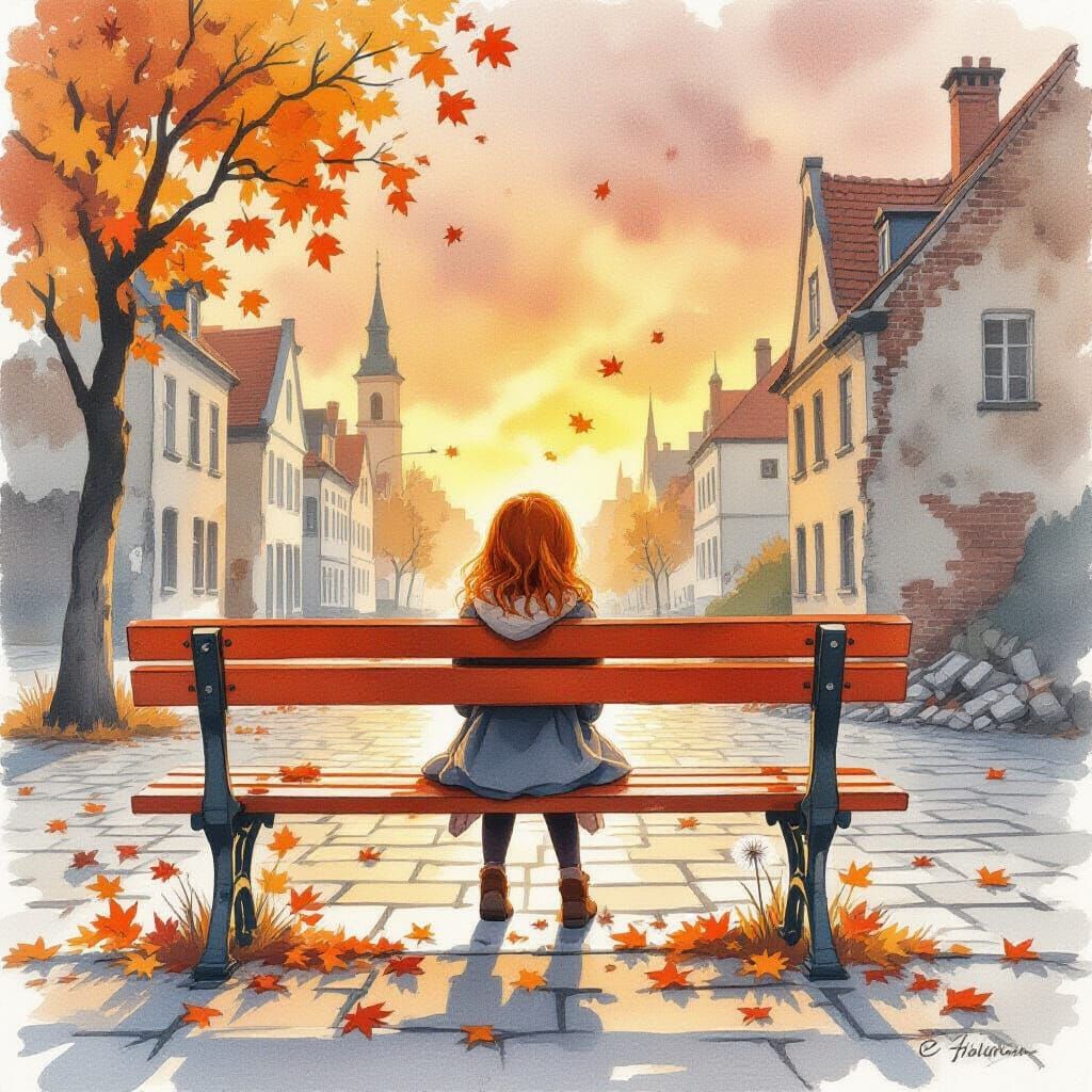 Melancholy Autumn Sunset with Girl on Bench