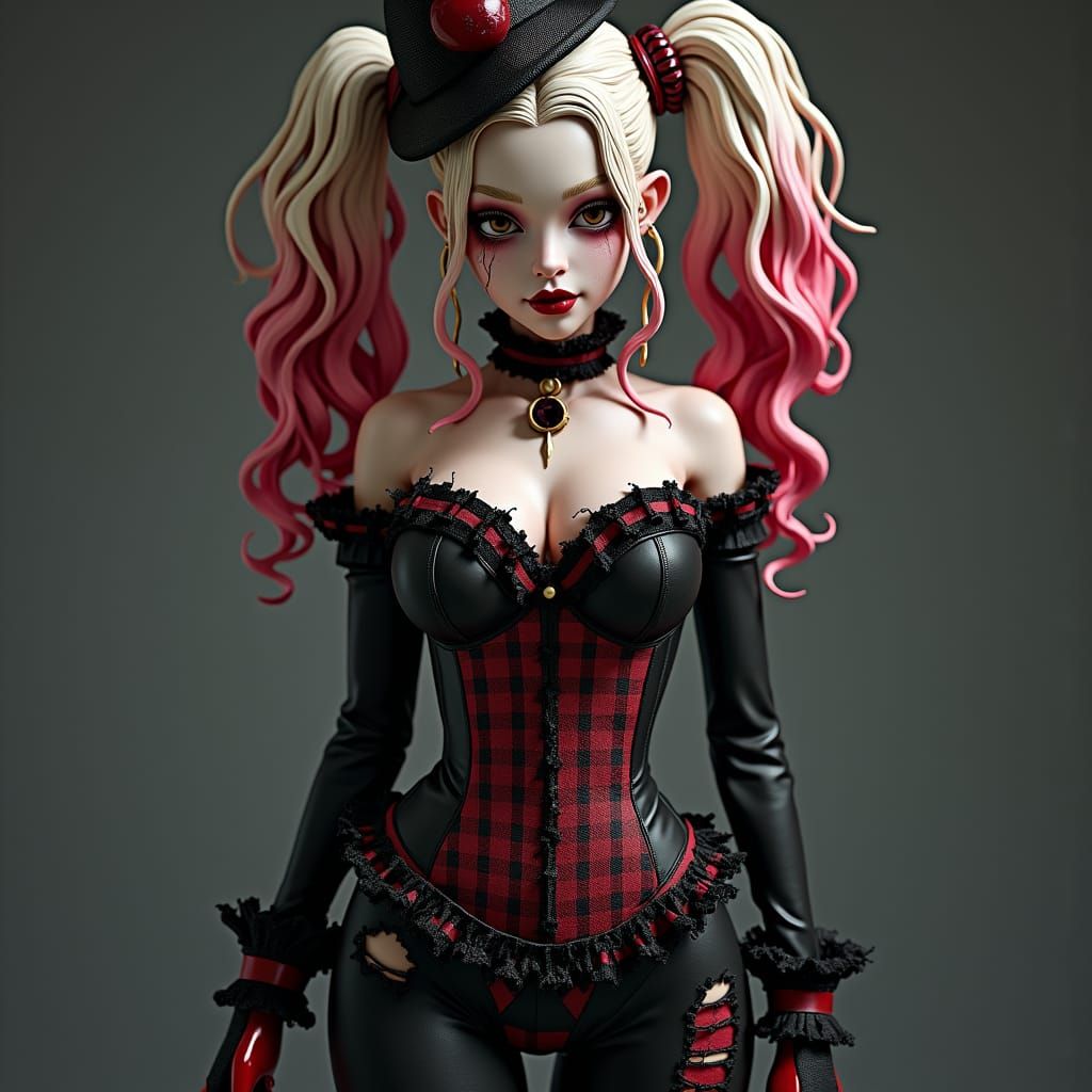 Dark Gothic Harley Quinn in Elegant Black Latex Suit with Ta...