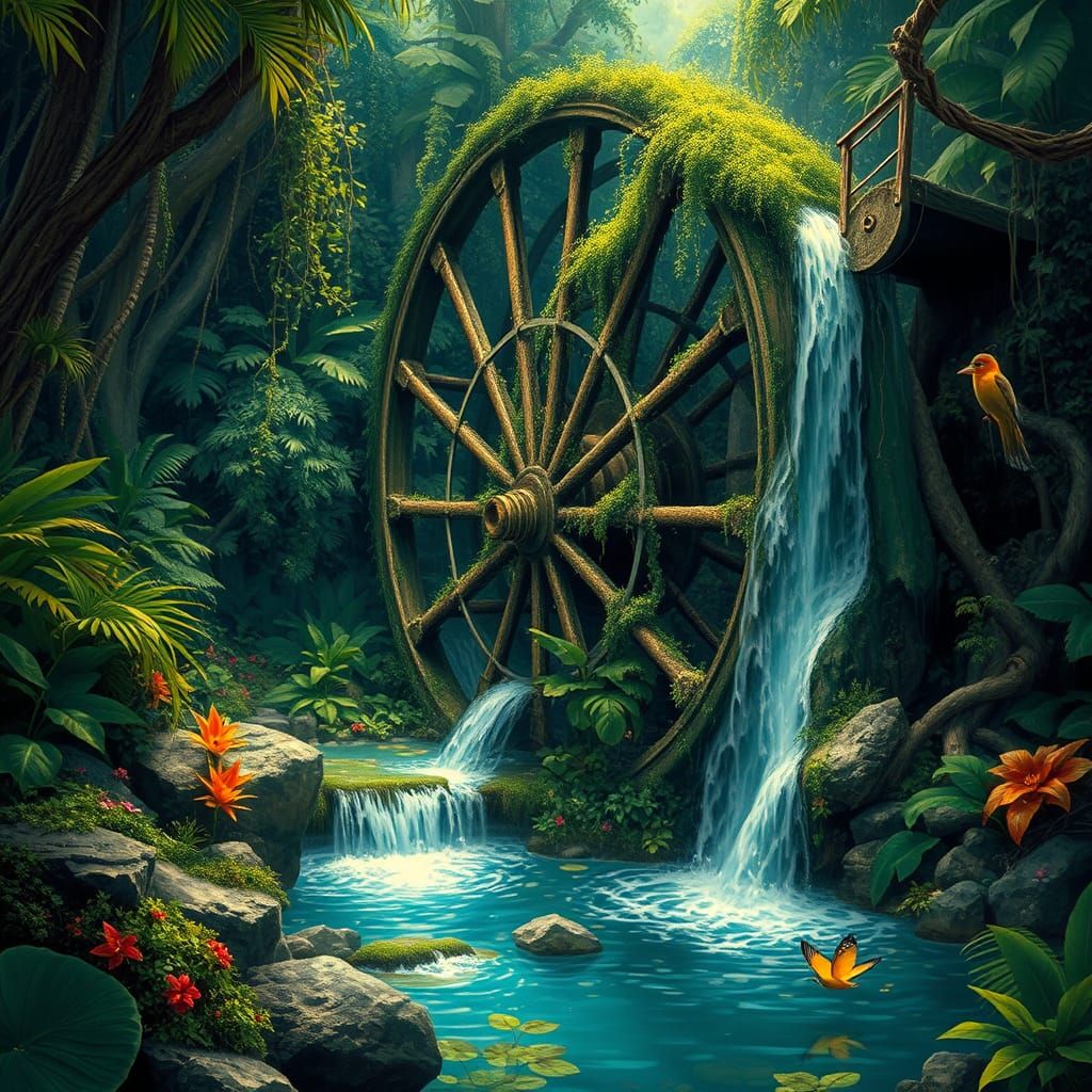 Ancient Waterwheel Amidst Exotic Jungle in Fantasy Style