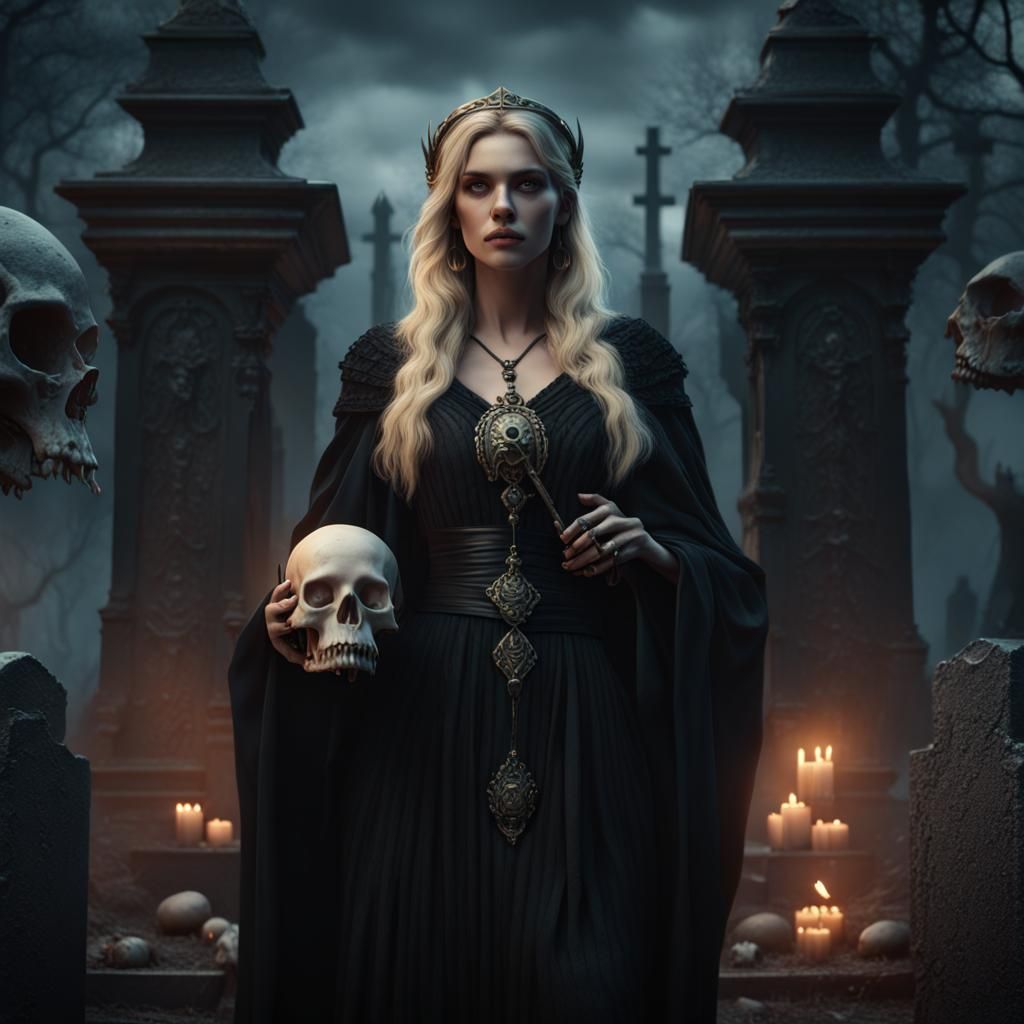 Beautiful Blonde Goddess Hecate Wearing Jet Black  Robes and...