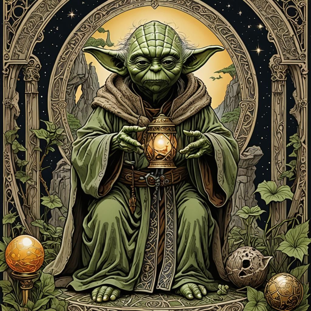 Yoda as the Hermit Tarot Card in High Detail