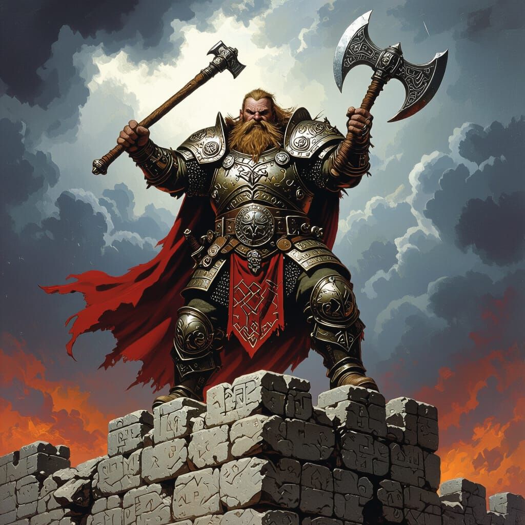 Dwarven Warrior on Fortress Wall in Fantasy Art Style