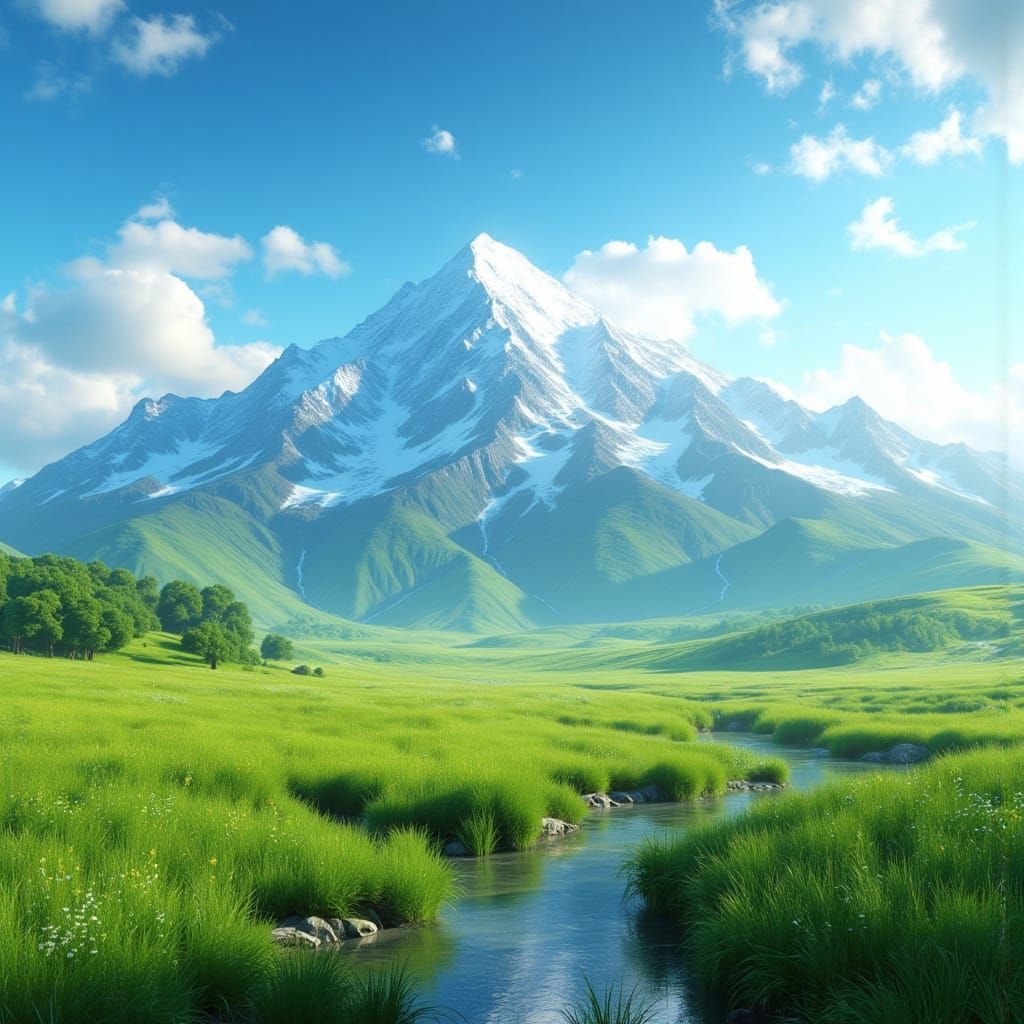 Snowy Mountain Landscape with Azure Sky and River