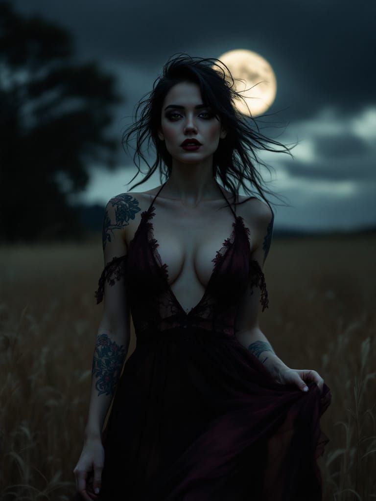 Ethereal Moonlit Goddess in Amber Grass
