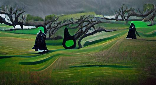 A lone figure in a misty green landscape