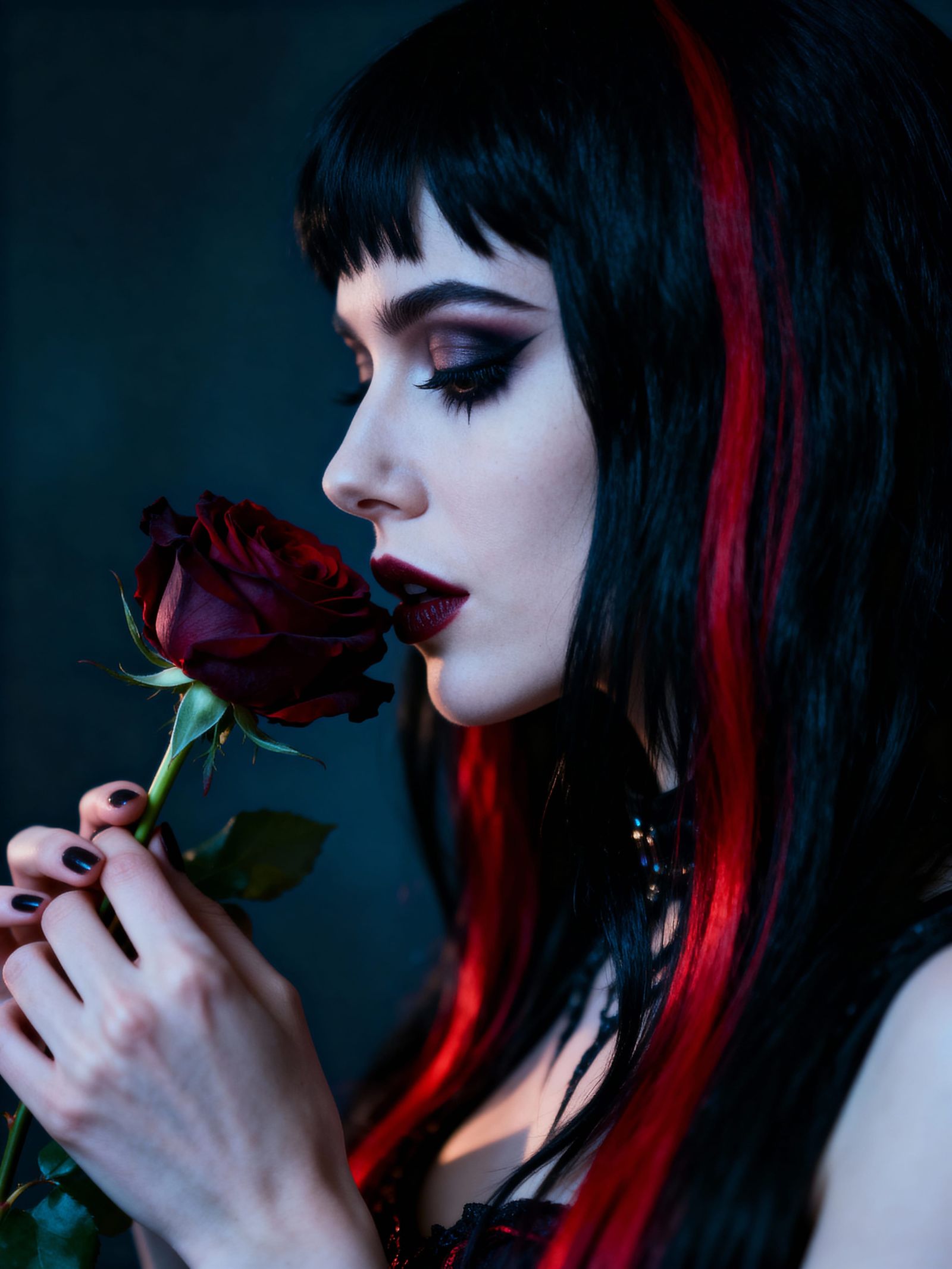 Gothic Woman Inhales Dark Rose