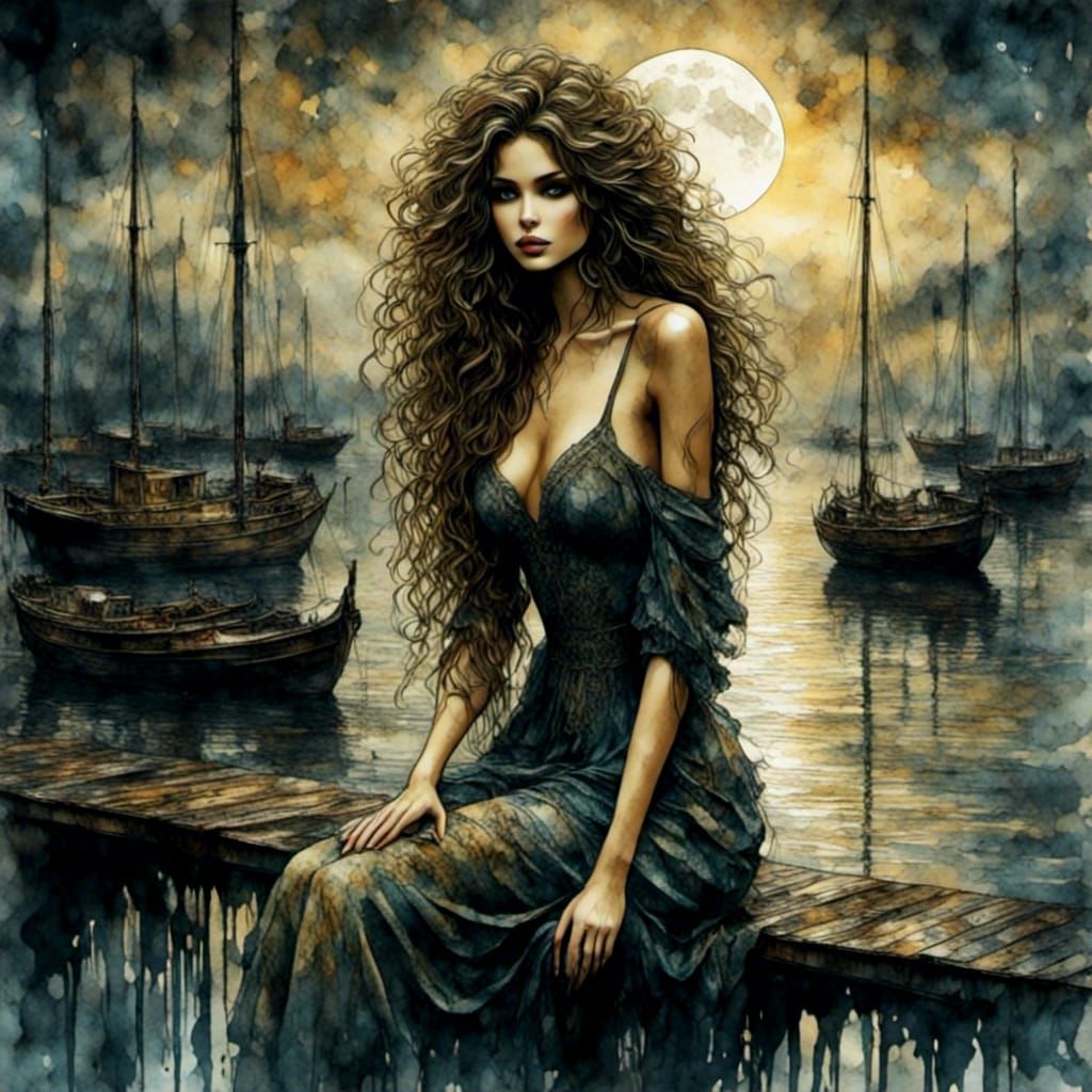 Dark Angel Woman Under a Moody Full Moon