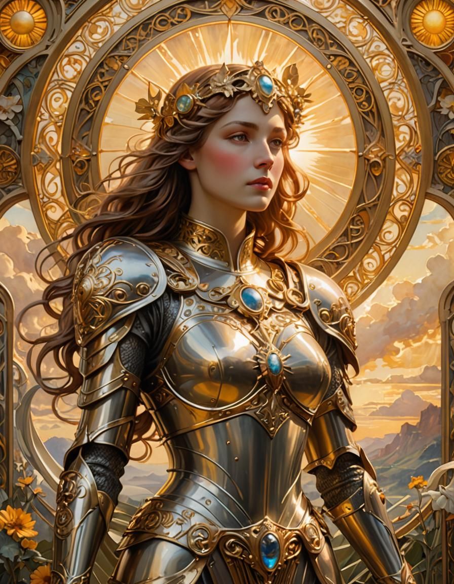 Armoured Lady Adorned with the Sun in Heavenly Art Nouveau S...