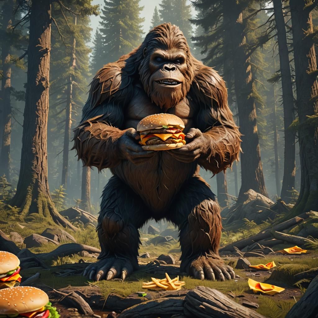 Bigfoot Savoring a Juicy McDonald's Cheeseburger in a Fantas...