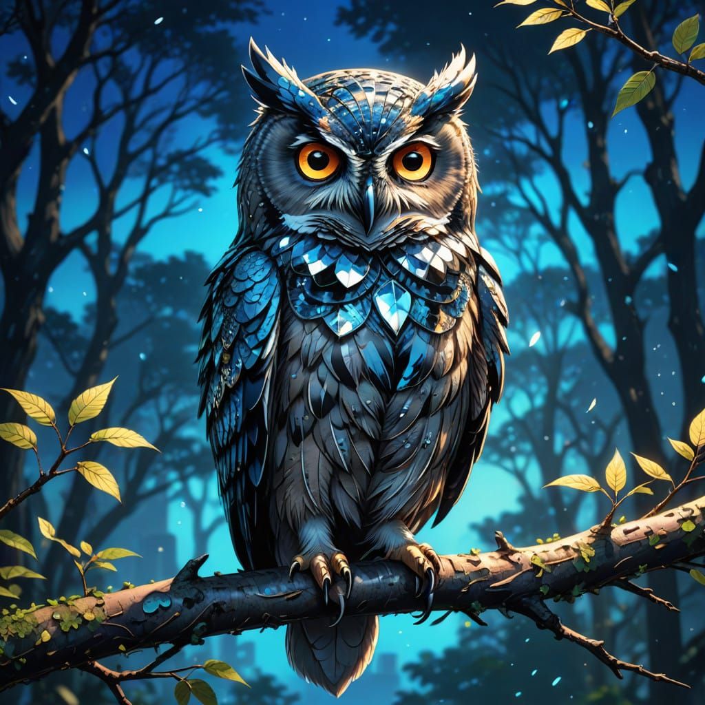 Majestic Anime Owl Perched on Branch