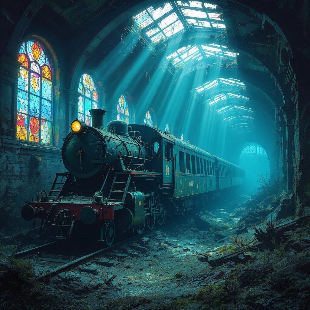Underwater Train Station: Glowing Algae and Sunlit Ruins