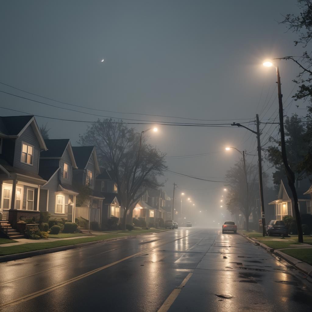 Suburban Nighttime Street Scene in Atmospheric Fog
