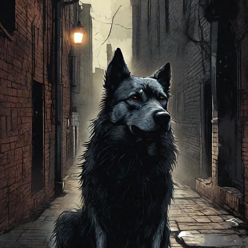 Gothic Dog Amidst Ominous Alleyway