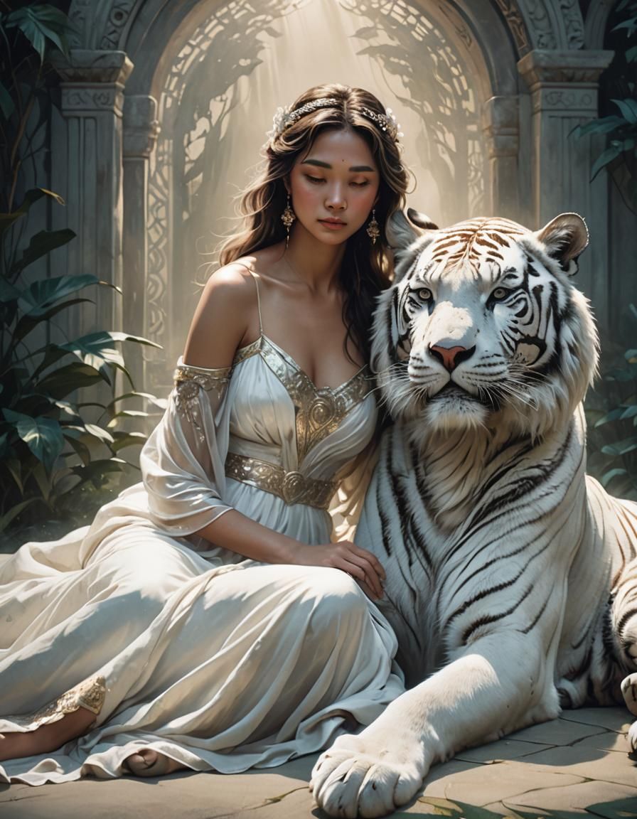 Dreamlike Cinematic Illustration of Woman and White Tiger