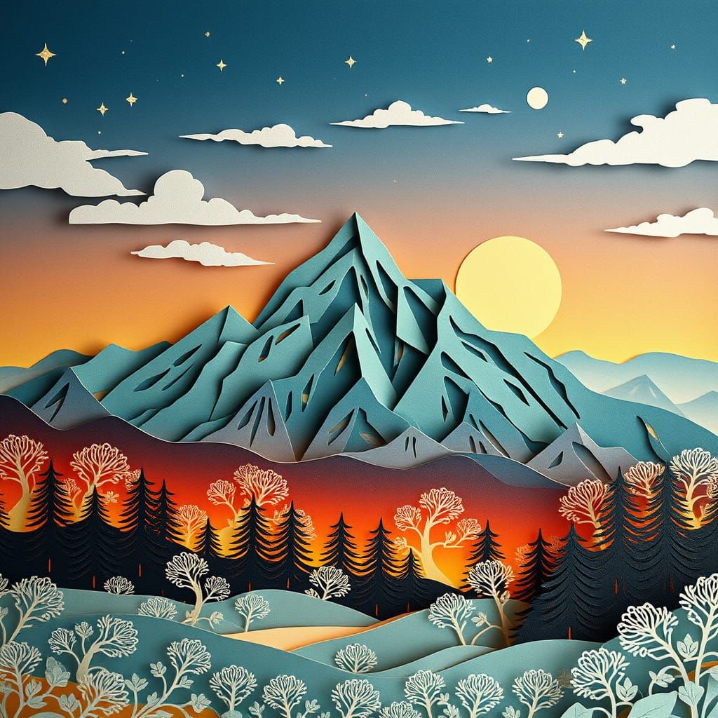 Dreamlike Mountain Skyline in Kirigami Art Style