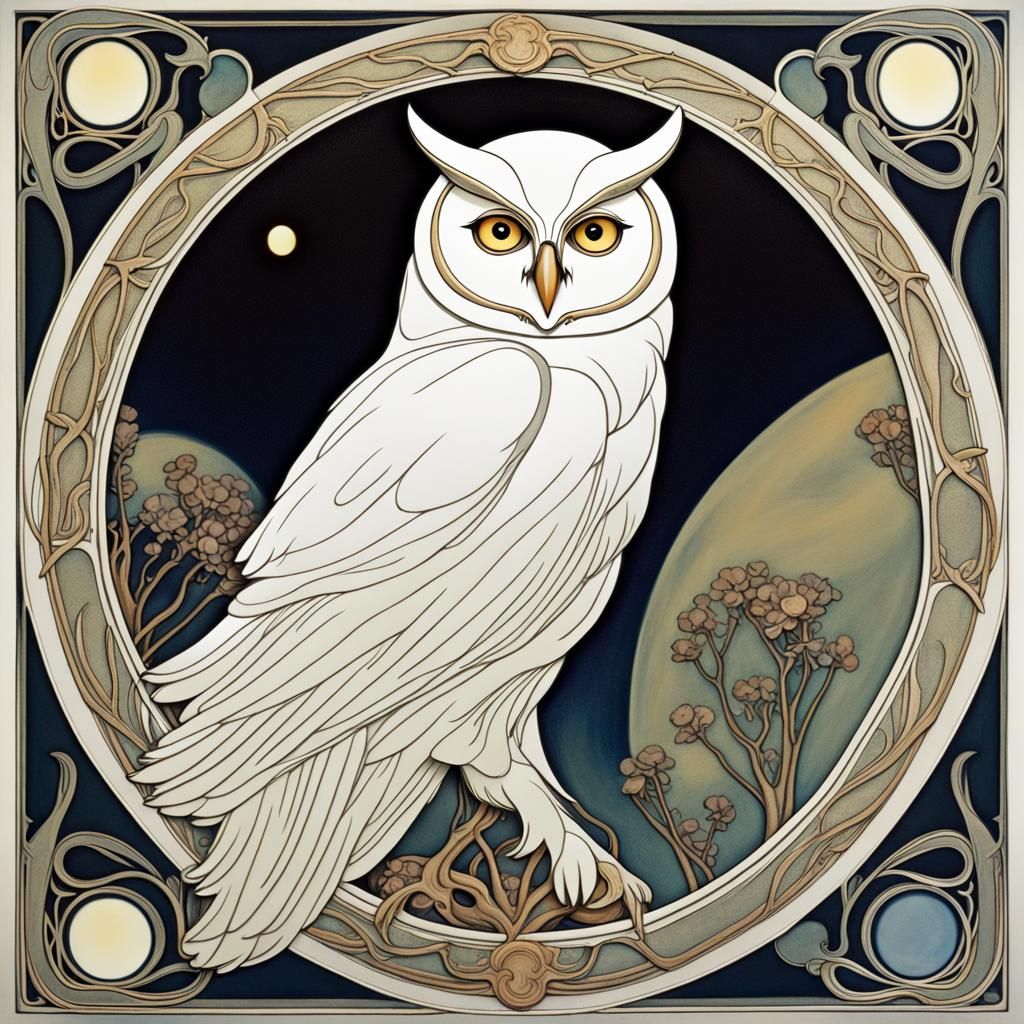 Whimsical Art Nouveau White Owl Under a Celestial Moon