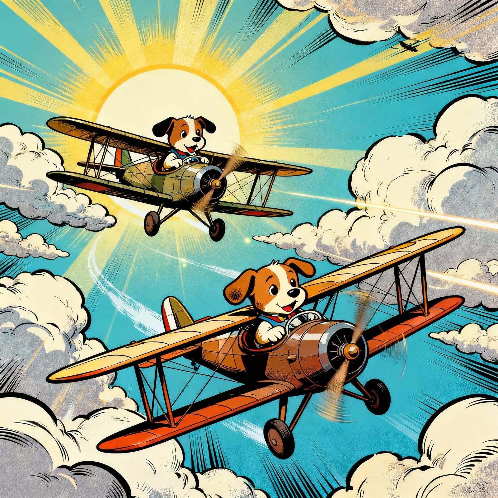 Adorable Puppies in Biplanes Dogfight Illustration