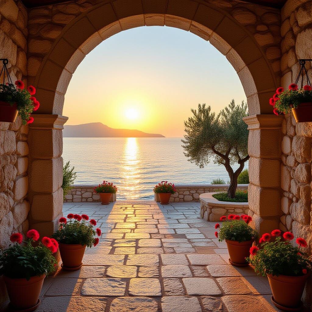 Tranquil Mediterranean Courtyard at Golden Hour