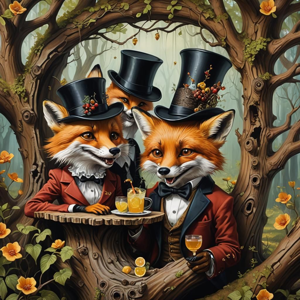 Stylish Red Fox Couple Enjoy Lemonade in a Whimsical Hollow....