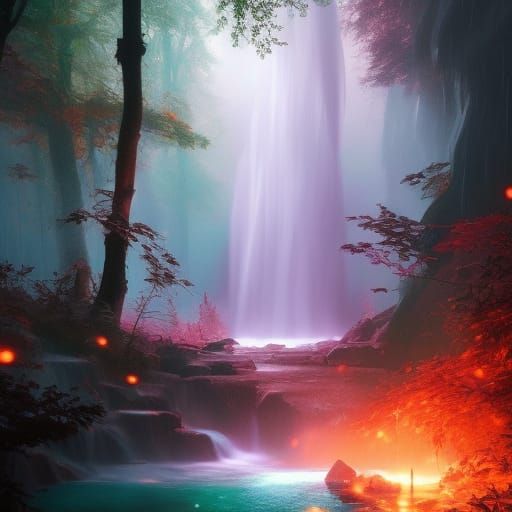 Majestic Waterfall in a Spooky Forest Illuminated by Triadic...