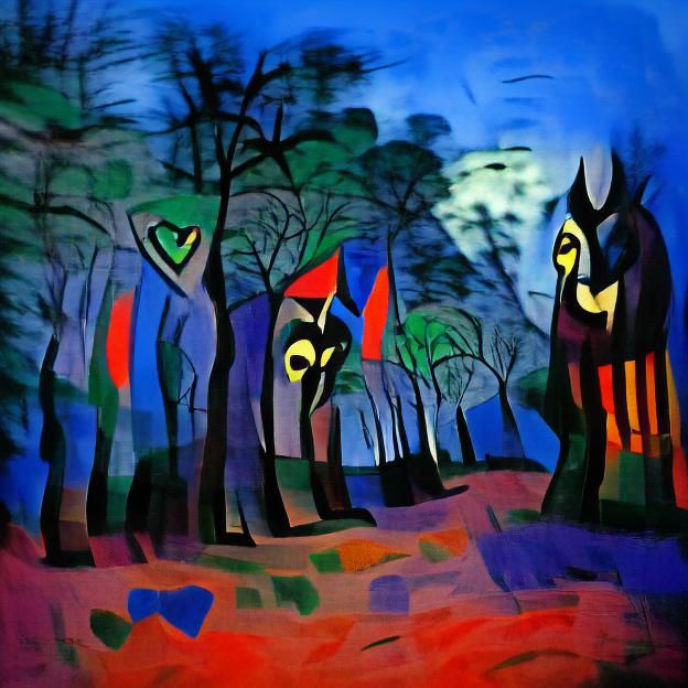 Twilight Forest in Vibrant Cubist Style