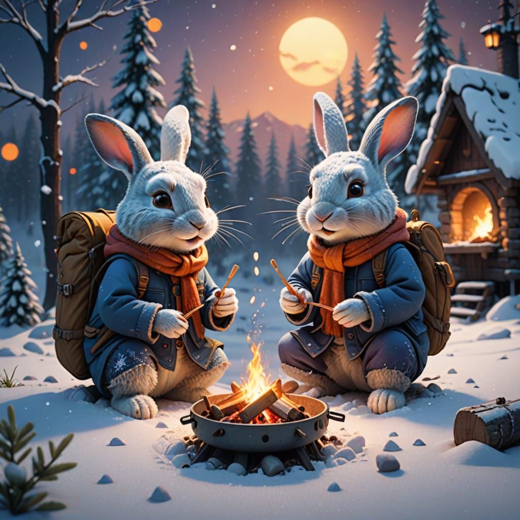 Winter Campfire Friends in Vibrant Snowscape