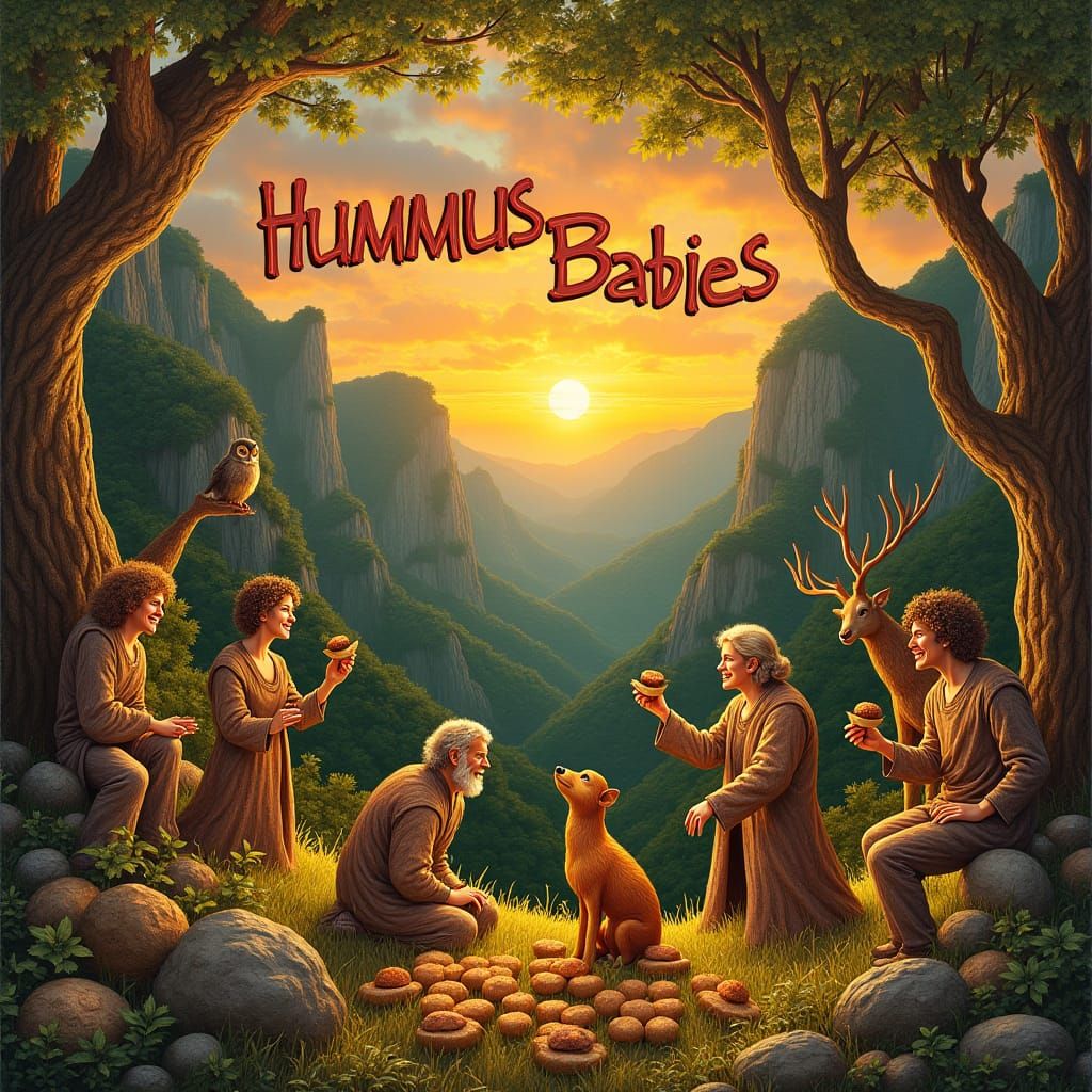 Whimsical Forest Dwellers Savoring Falafel in Golden Sunset