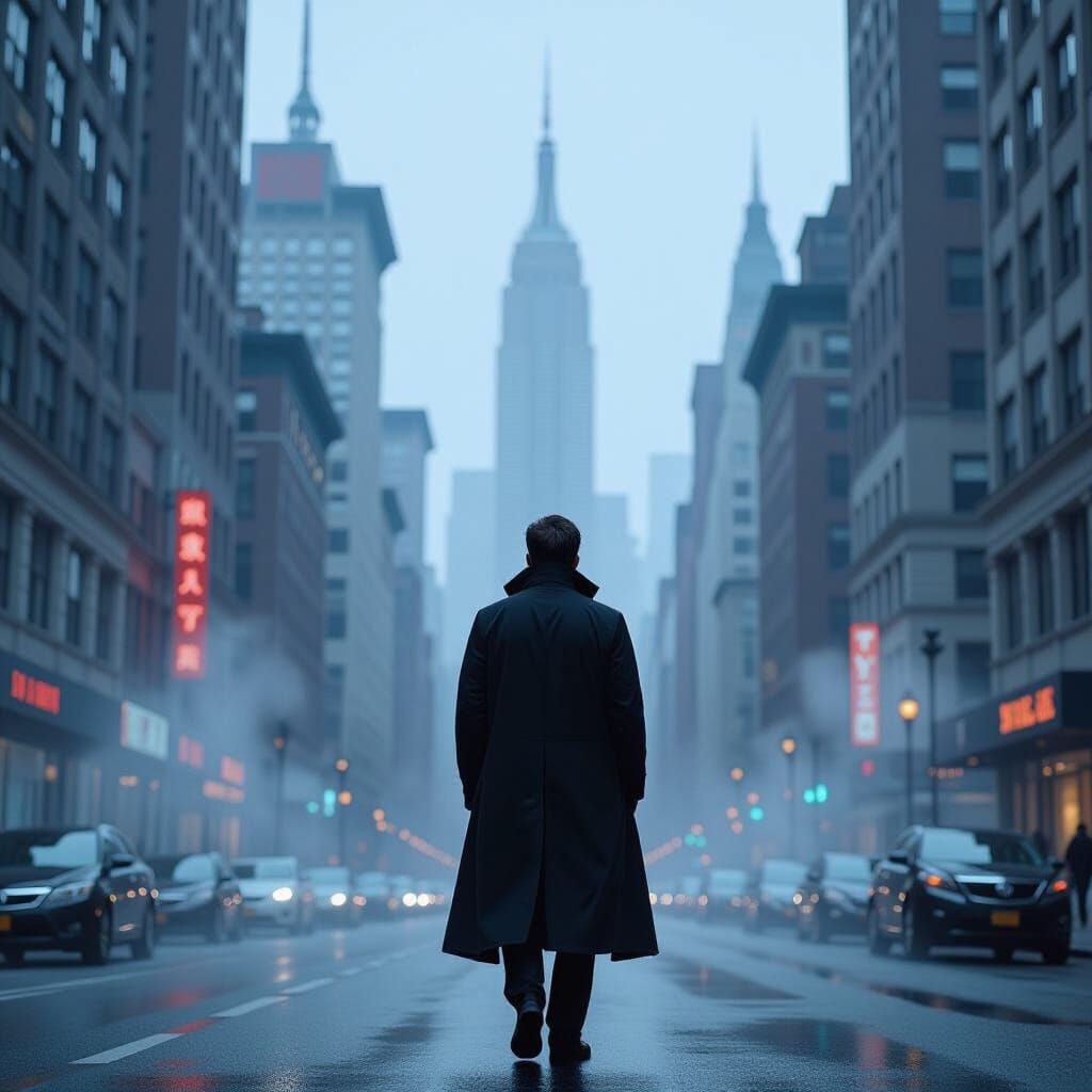 Misty New York Skyline with Flying Pianos