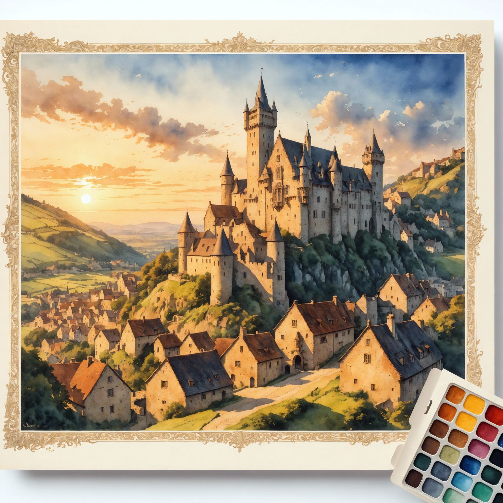 Gothic Castle at Sunset, Quaint Village