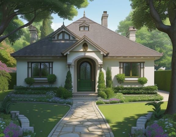 Suburban House and Garden in Golden Hour Light