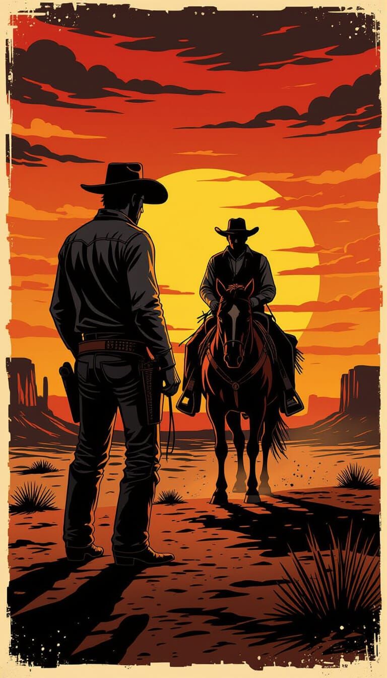 Lone Cowboy at Sunset in Comic Book Style