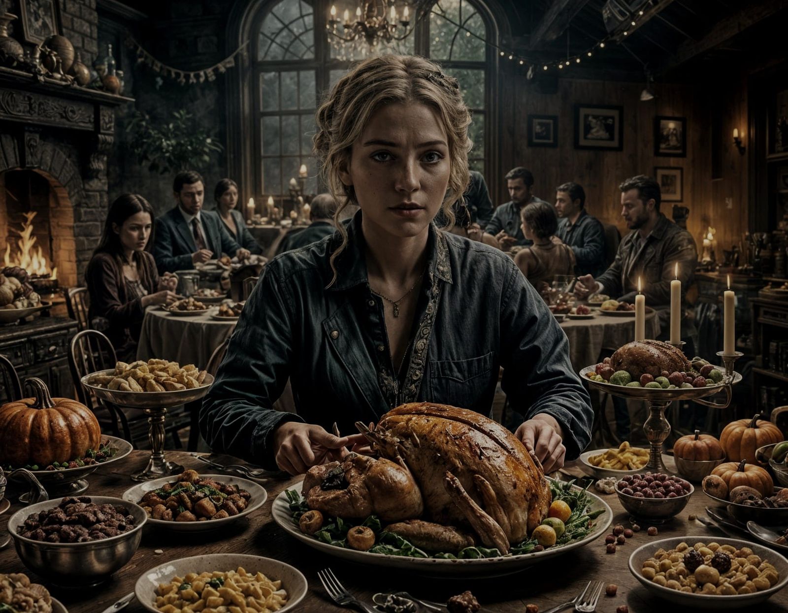 Melancholic Thanksgiving Scene in Dark Fantasy