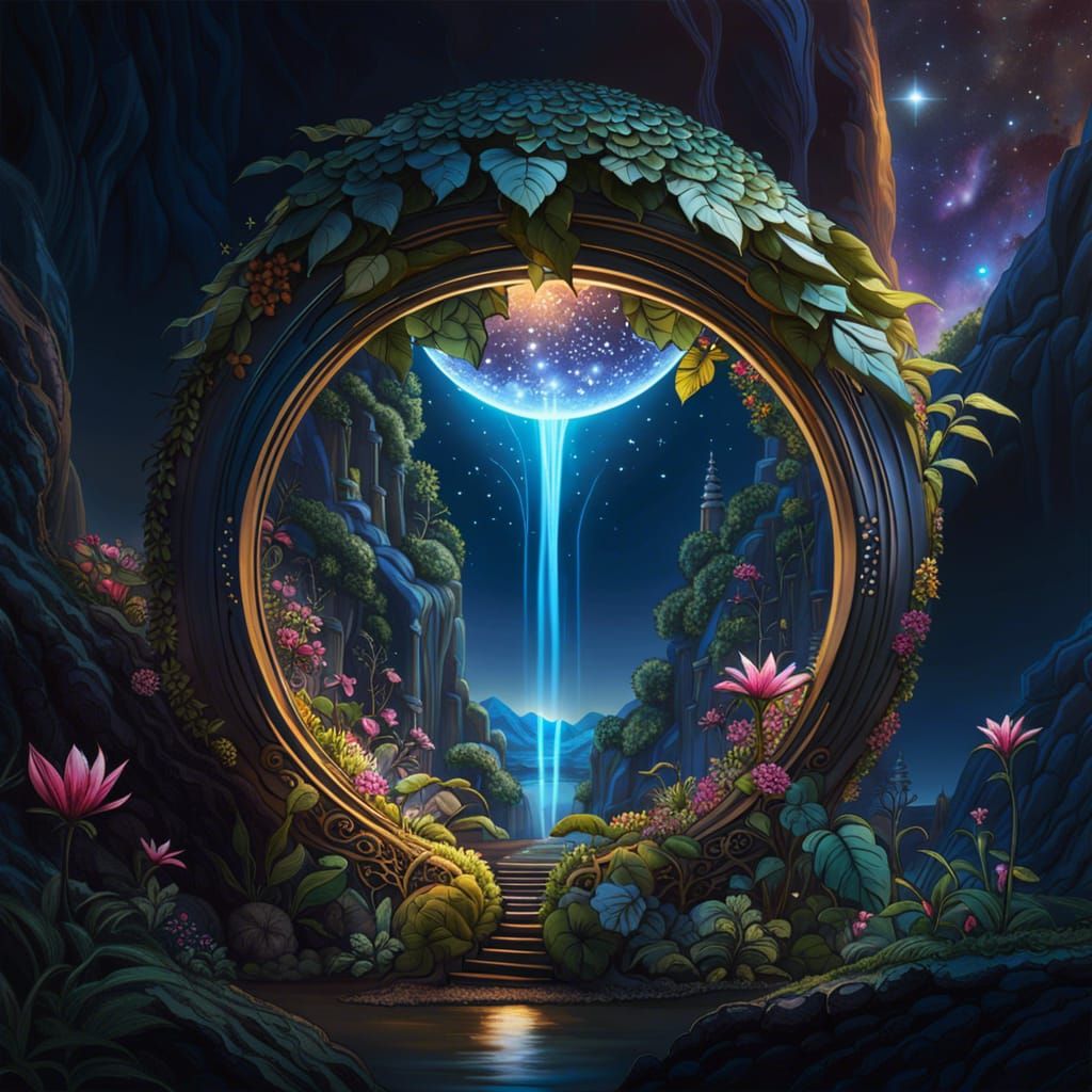 Enchanted Nighttime Garden Oasis in Vibrant Color