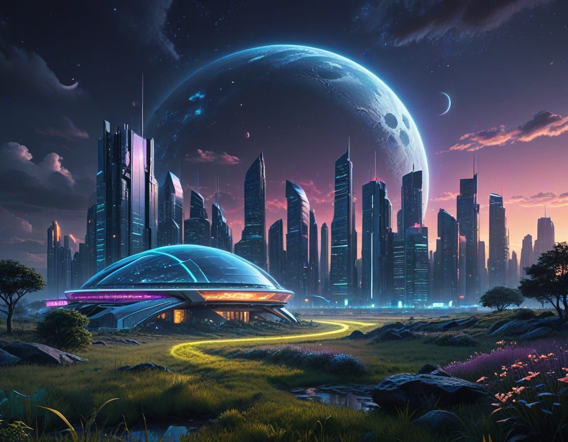 Ethereal Futuristic Metropolis in a Serene Grassland