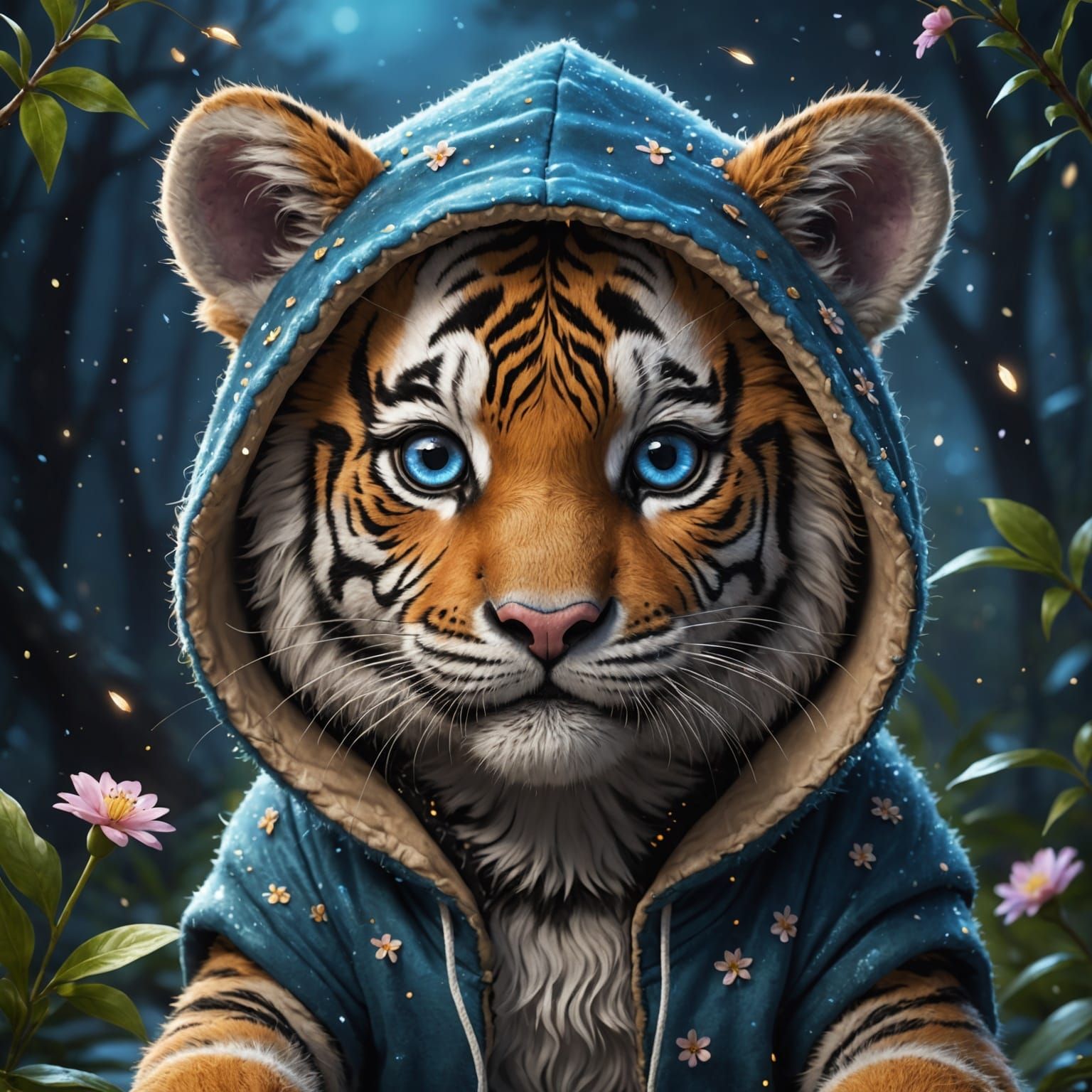 Whimsical Tiger Gazing Under Starlight