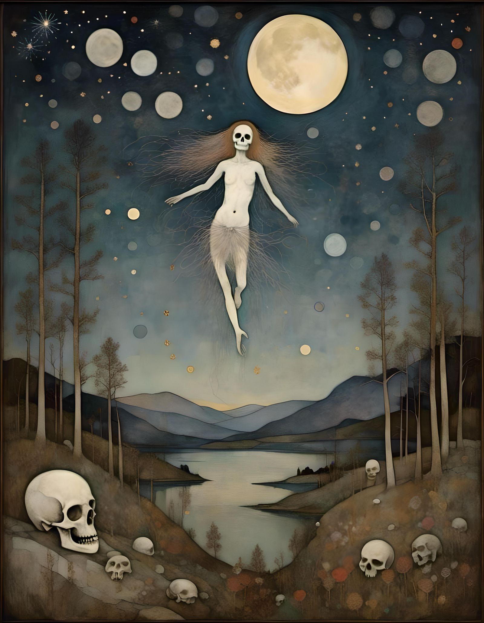 Gothic Scene beneath a Haunting White Skull Moon