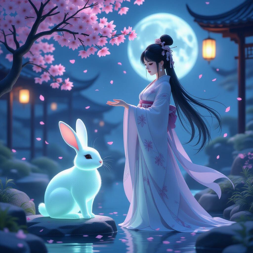 Regal Chang'e and Jade Rabbit in Moonlit Garden
