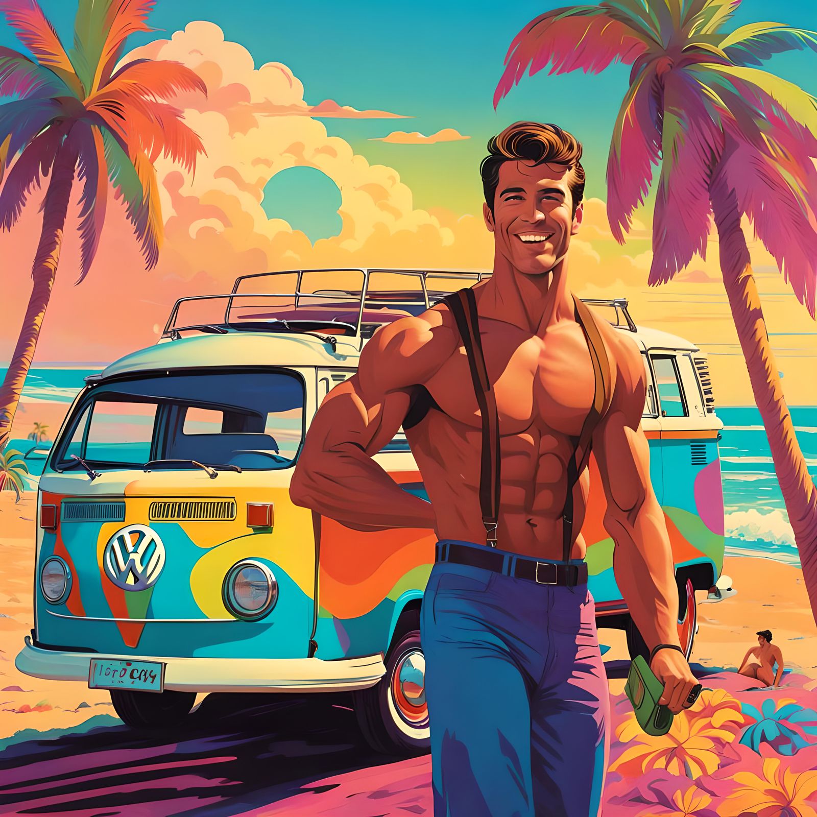 Muscular Californian Man in Psychedelic Beach Scene