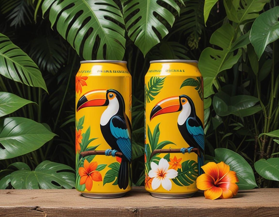 Vibrant Tropical Soda Can Illustration in a Whimsical Style