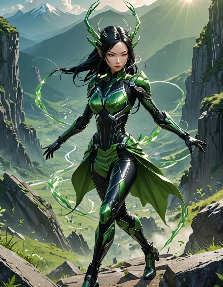 Anime Heroine Mantis in Combat Pose with Green Energy