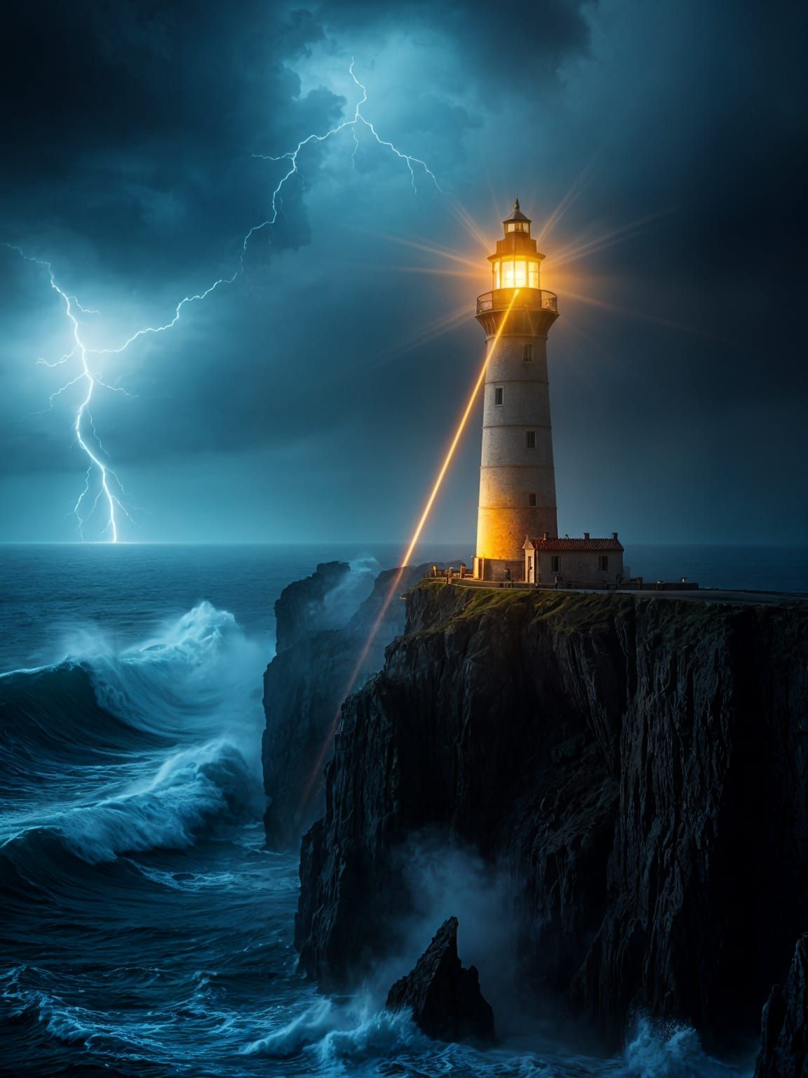 Dramatic Lighthouse in Midnight Storm: Cinematic Film Still